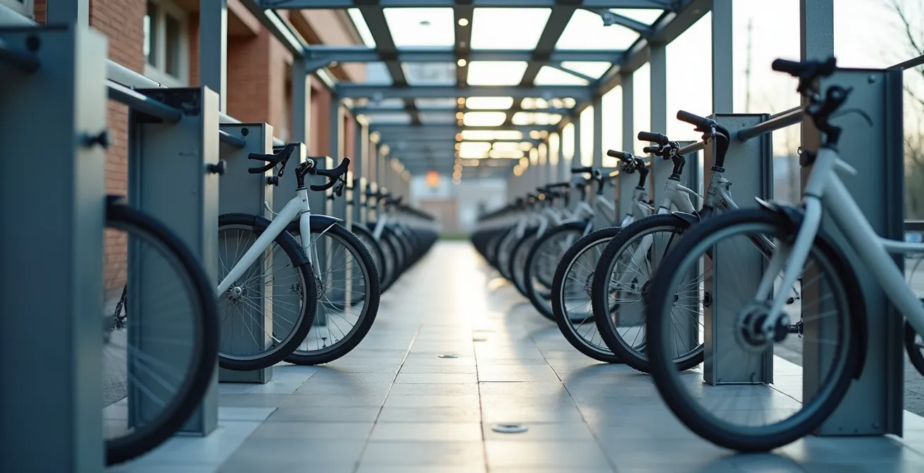 Schéma technique détaillé d'un abri vélo montrant les dimensions et critères de sécurité