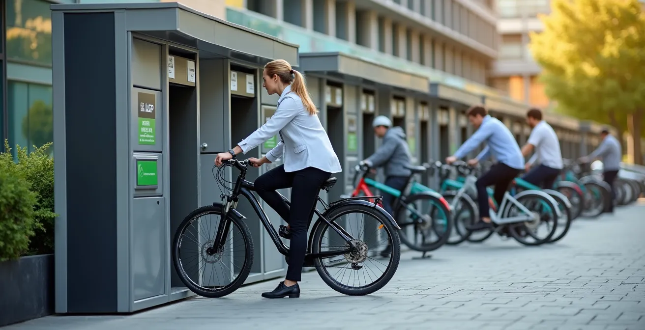 Espace de stationnement vélo moderne avec services intégrés et équipements complémentaires