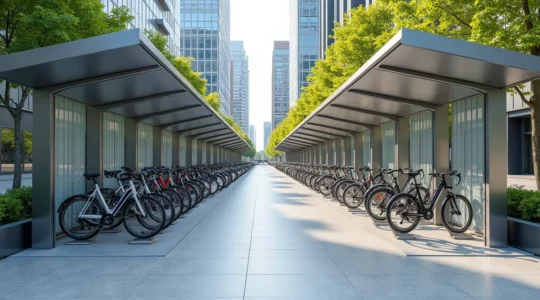 Vue d'ensemble d'un espace de stationnement vélo sécurisé en milieu urbain