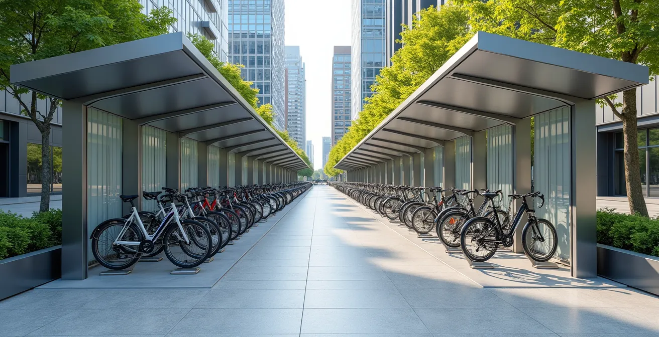 Vue d'ensemble d'un espace de stationnement vélo sécurisé en milieu urbain